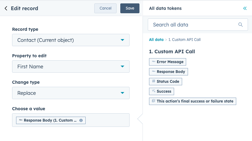 Output Fields of Custom API Workflow Action