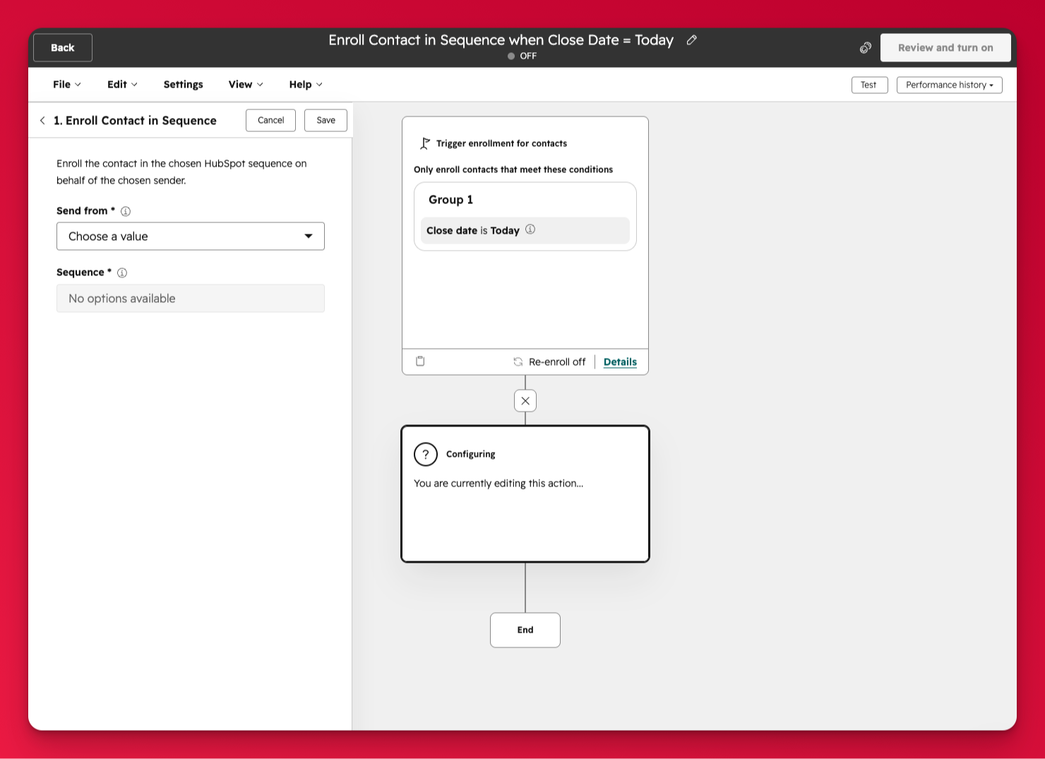 A HubSpot workflow action that enrolls a contact into a sequence on behalf of a chosen sender.