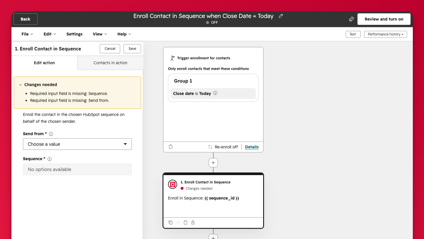 HubSpot workflow showing a workflow action for enrolling a contact in a sequence