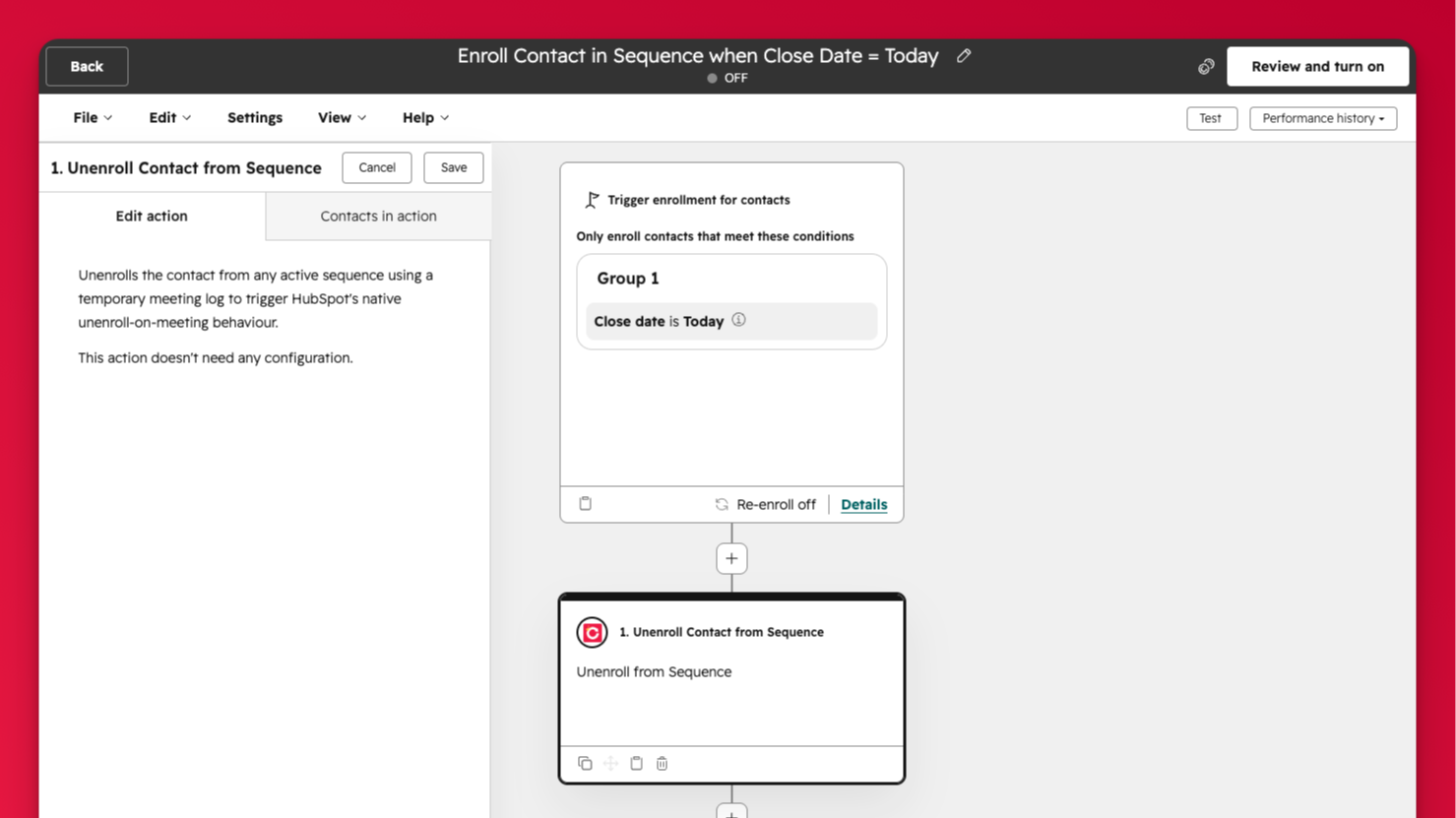 HubSpot workflow showing a workflow action for unenrolling a contact from a sequence